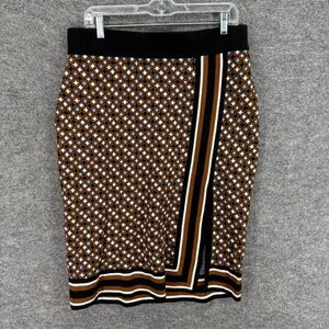 Nine West Women L Large Brown Geometric Pencil Midi Rayon Pull On Mid Rise